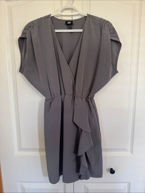 H&M Gray Draped V-Neck Ruffle Mini Dress